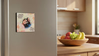 Music Box photo magnet on a refrigerator in a warm kitchen