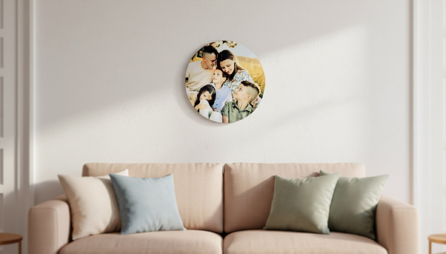 Memory Wood round plaque wall-mounted above a sofa