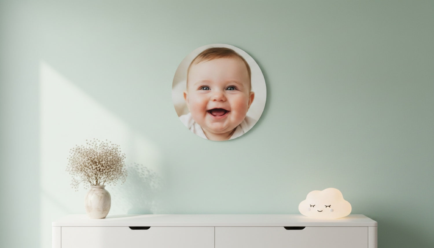 Memory Wood round plaque — baby photo in a nursery